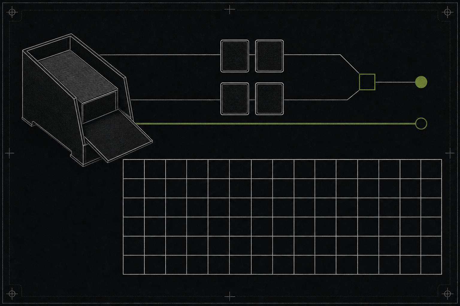 Technical drawing of a baccarat round: a dealing shoe feeding two pairs of face-down cards along parallel lanes into a single rule node, a third lane running straight past it to an unfilled marker, and a blank grid of result cells below.