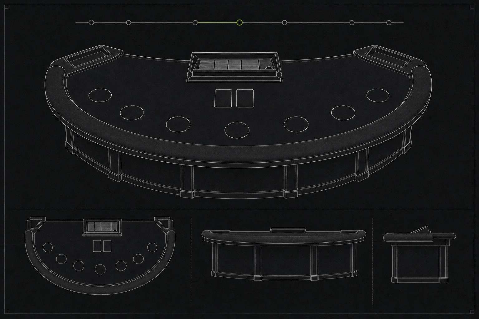 Technical drawing of a curved live blackjack table in isometric, plan and elevation views, showing seven betting positions on the felt, the card shoe at the dealer side and the discard tray opposite, with a progress rail above marking the stages of one round.