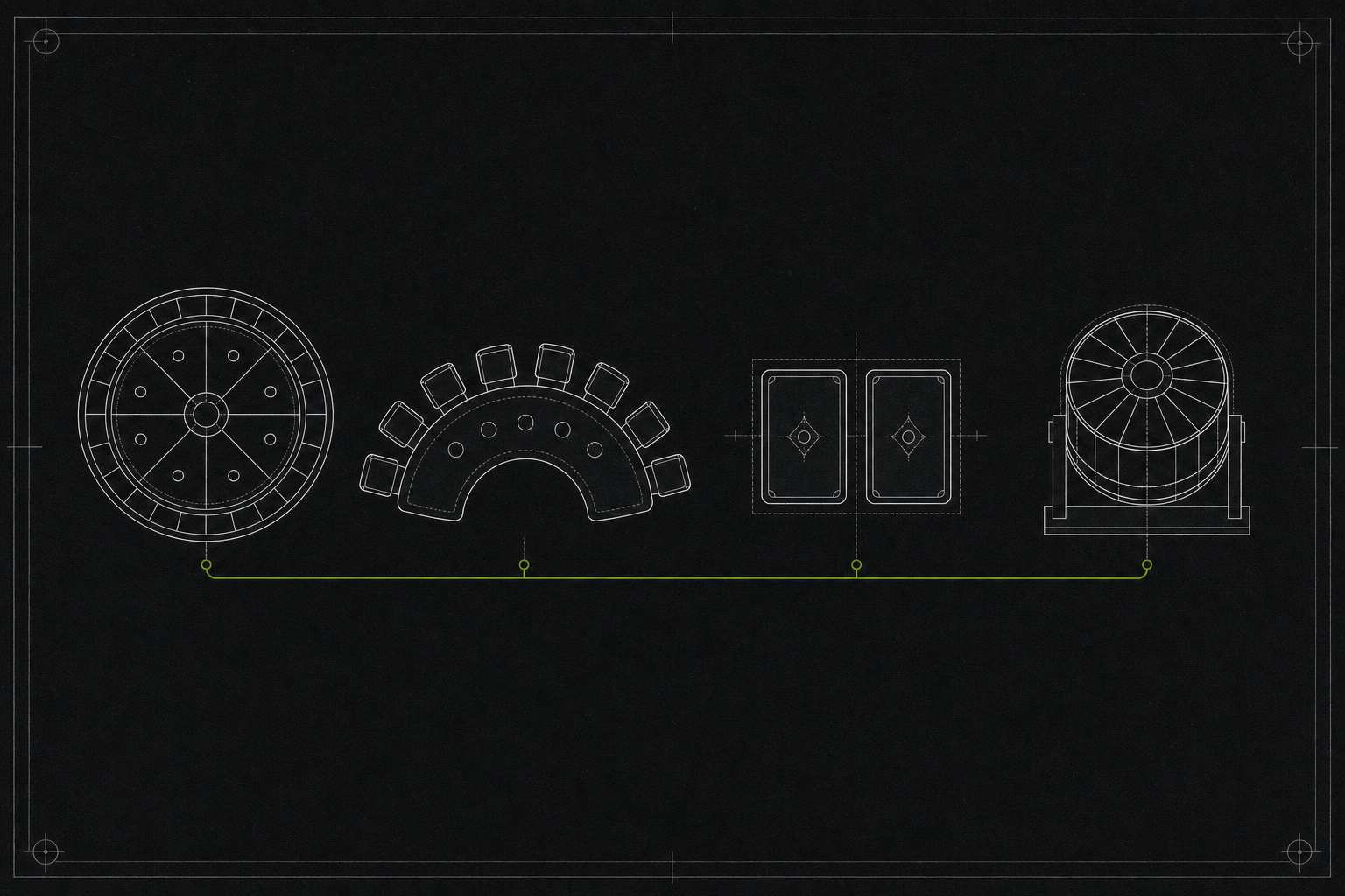Technical drawing of the four live casino apparatus types side by side: a segmented wheel seen in plan, a curved table of betting positions, a pair of face-down cards, and an upright segmented drum on a stand, all linked by a single rail beneath them.