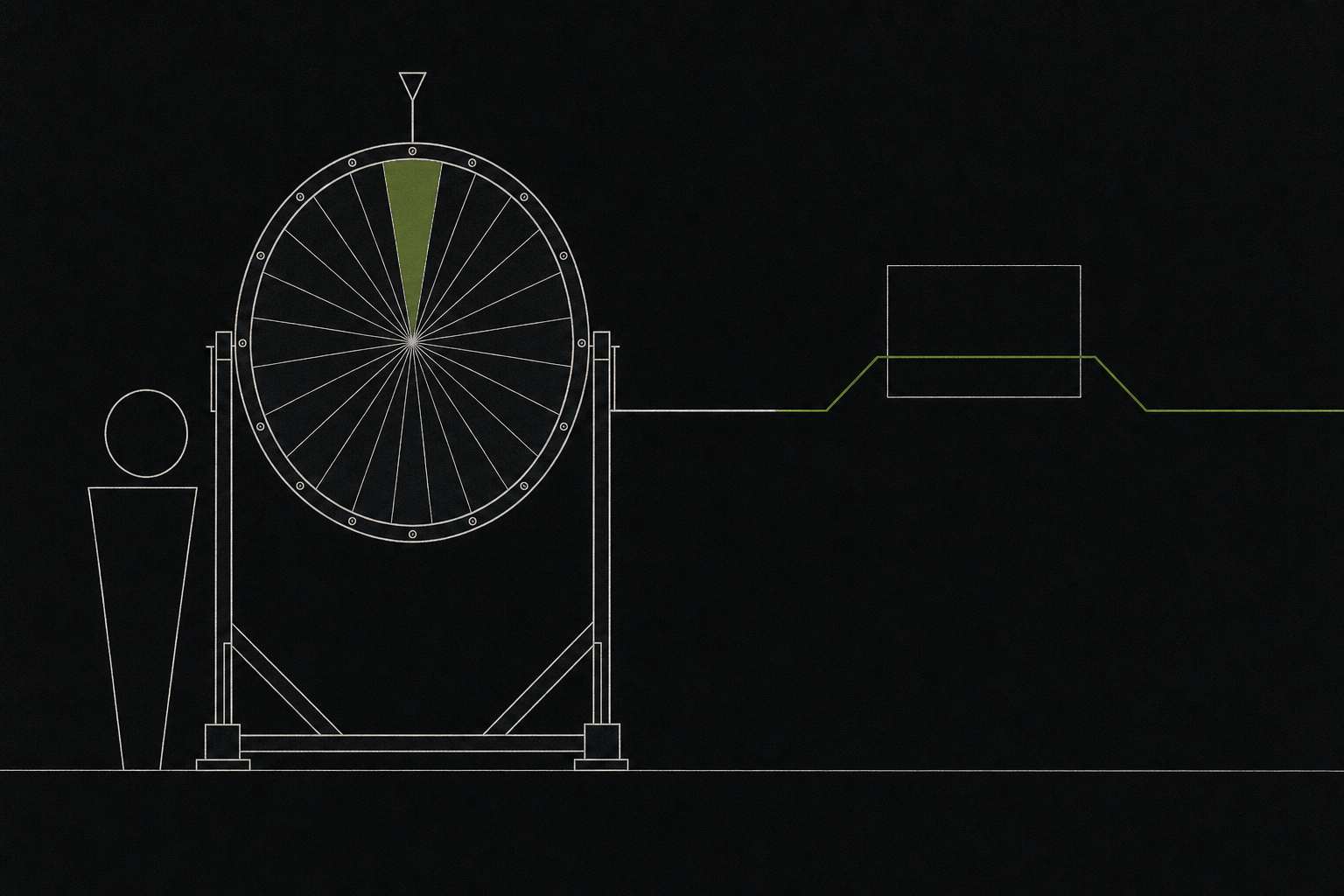 Technical drawing of a live game show apparatus: a presenter reduced to simple geometry standing beside a large upright segmented drum with one segment marked and a pointer above it, and a branch that lifts off the main line through an empty box before rejoining it.