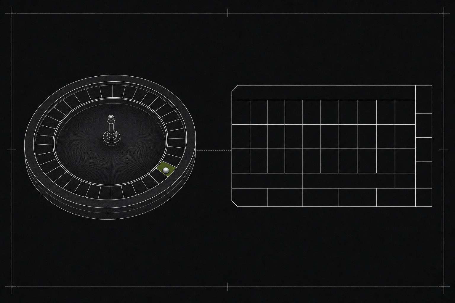 Technical drawing pairing a single-zero roulette wheel, drawn in three-quarter view with one pocket marked and the ball at rest in it, with the blank rectangular betting layout set out beside it.